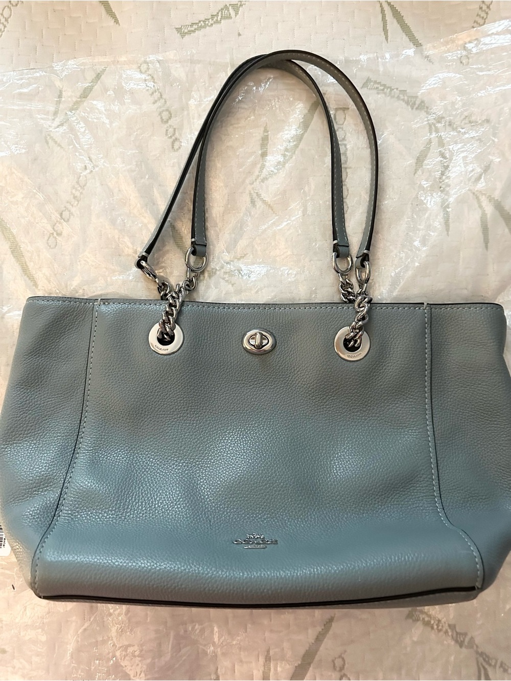 Coach Turn Lock Pebblede Leather Tote Bag in Dusty Blue